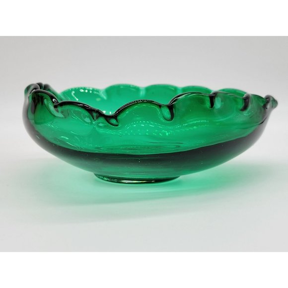 MCM Green Blown Glass Dish Tri-Corner Scalloped Rim Candy Dish - Picture 4 of 12